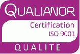 Logo Qualinor violet : texte « Qualinor », « Certification ISO 9001 » et « QUALITE » en blanc sur fond violet.