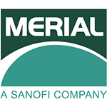 Logo Merial : « MERIAL » blanc sur un carré vert au-dessus d'un arc bleu sarcelle et « A SANOFI COMPANY » en dessous.