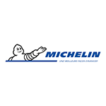 Figurine de Bonhomme Michelin avec bras tendu, texte bleu « MICHELIN » et slogan.