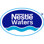 Logo Nestlé Waters : Texte blanc sur fond ovale bleu avec lignes bleues ondulées, bordure blanche.