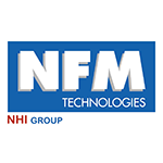 Logo pour NFM Technologies, carré bleu avec « NFM TECHNOLOGIES » en blanc et « NHI GROUP » en rouge en dessous.