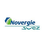 Logo pour Novergie Suez, avec un design géométrique bleu et vert et un texte bleu.