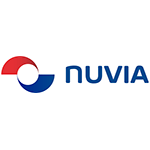Logo Nuvia : tourbillon abstrait rouge et bleu avec un cercle blanc, à côté du mot « nuvia » en bleu.