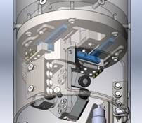 Vue en coupe d'un dispositif mécanique cylindrique avec des composants internes, notamment des engrenages, des blocs et des éléments teintés en bleu.