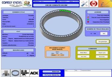 Schéma d'un objet cylindrique percé de trous. Comprend des affichages de données, des commandes et des indicateurs d'état en français.