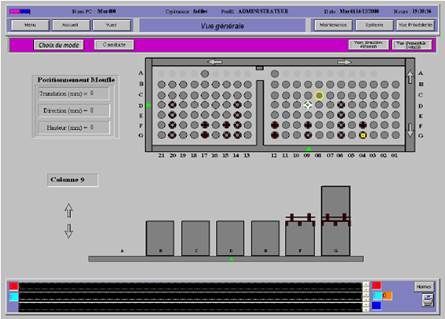 Interface utilisateur graphique montrant l'équipement de laboratoire. Écran gris avec puits, cylindres et boutons.