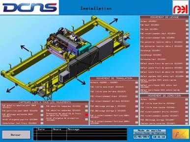 Rendu CAO d'une installation de grue industrielle avec une interface bleue.