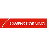Logo Owens Corning : texte blanc sur un rectangle rouge avec une courbe blanche dans le coin supérieur gauche.