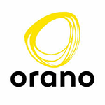 Logo d'Orano, un design tourbillonnant jaune au-dessus d'un texte noir.