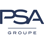 Logo du Groupe PSA avec texte bleu foncé sur une fine ligne grise et texte « GROUPE ».