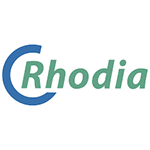 Logo Rhodia : Croissant bleu autour du mot vert « Rhodia ».