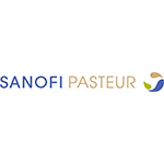 Logo Sanofi Pasteur avec texte bleu marine et beige et swoosh abstrait bleu et vert.
