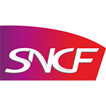 Logo SNCF : Lettres blanches sur fond dégradé, violet à rouge, représentant une compagnie ferroviaire française.