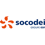 Logo pour Socodei, Groupe EDF ; fleur abstraite orange et blanche avec texte.