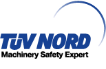 Logo TÜV NORD avec texte bleu et graphique incurvé, slogan « Expert en sécurité des machines » ci-dessous.