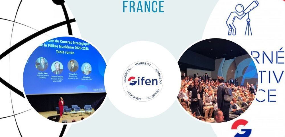 Un graphique avec des photos d'une conférence ; logo Gifen au centre, texte