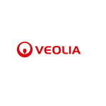 Logo Veolia en rouge sur fond blanc. Figure stylisée rouge avec une courbe ascendante dans un cercle, inscription « VEOLIA ».