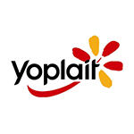 Logo Yoplait : texte noir avec un sourire rouge et une explosion de fleurs rouges et jaunes.