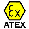 Hexagone jaune avec le symbole « Ex » à l'intérieur et le texte « ATEX » en dessous.
