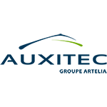 Logo pour Auxitec, une entreprise avec un arc bleu foncé au-dessus du texte et les mots « Groupe Artelia » en dessous.