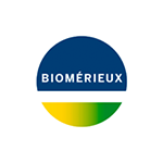 Logo Biomérieux : cercle bleu sur fond vert et jaune. Barre horizontale blanche ; inscription « BIOMÉRIEUX ».