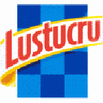 Logo de la marque Lustucru : Texte rouge sur ruban jaune, sur fond de damier bleu.