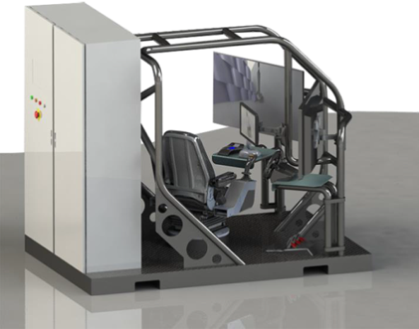 Un simulateur de formation médicale avec une chaise, des écrans et des commandes, à l'intérieur d'un cadre métallique et d'une armoire blanche.