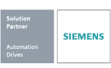 Logo Siemens avec le texte « Solution Partner Automation Drives » dans un cadre gris.