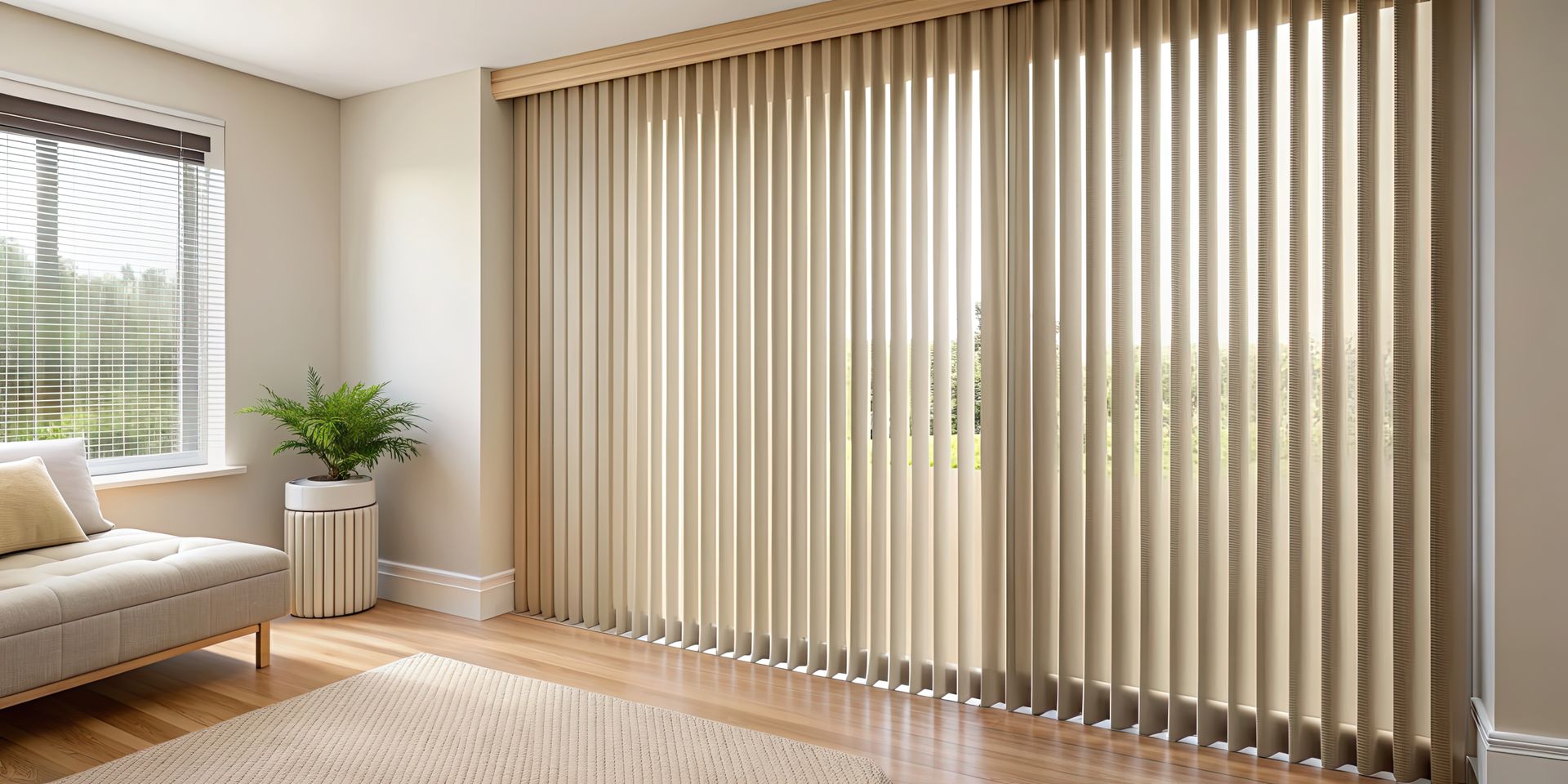 Salon lumineux avec canapé beige, plante en pot et stores verticaux du sol au plafond près d'une fenêtre