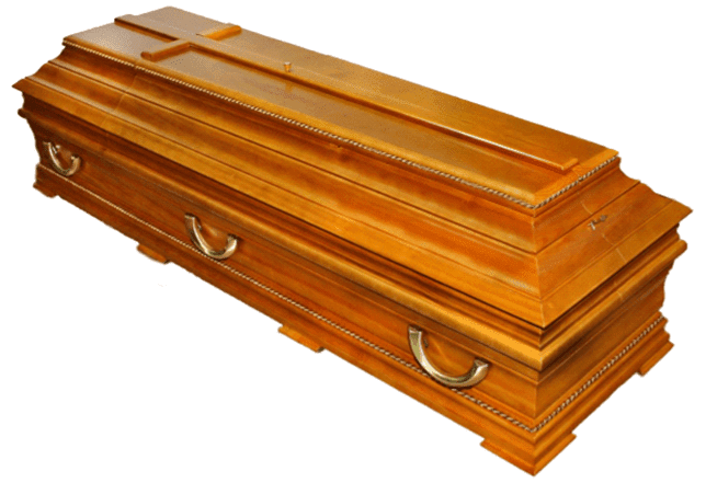 Caixão de madeira com uma cruz na tampa e alças de metal.