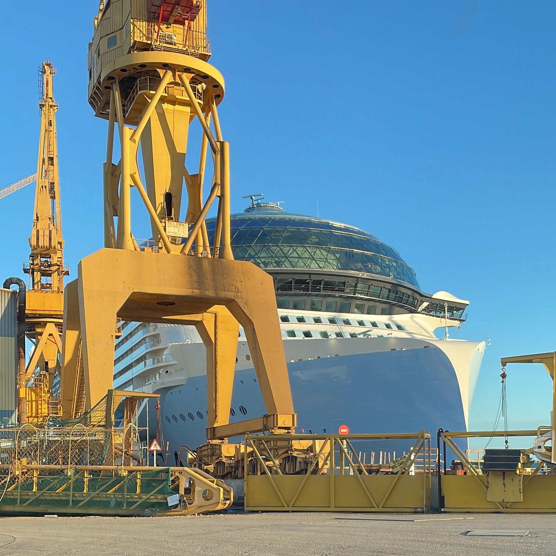 Un gran crucero está atracado junto a una gran grúa.