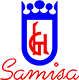 Un logotipo azul y rojo con una corona encima.