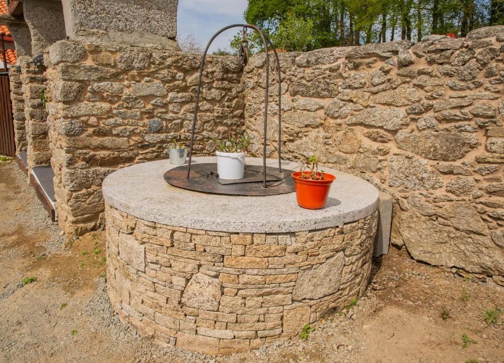 Pozo exterior de piedra con un cubo y dos macetas en un patio amurallado.