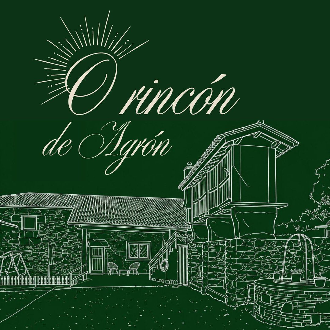 Logotipo verde de “Rincón de Agón” con un dibujo lineal de un edificio rústico y un patio.