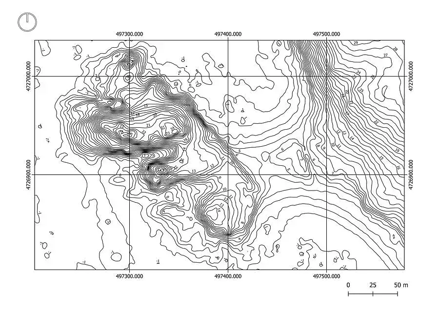 Un mapa topográfico en blanco y negro de una cadena montañosa.
