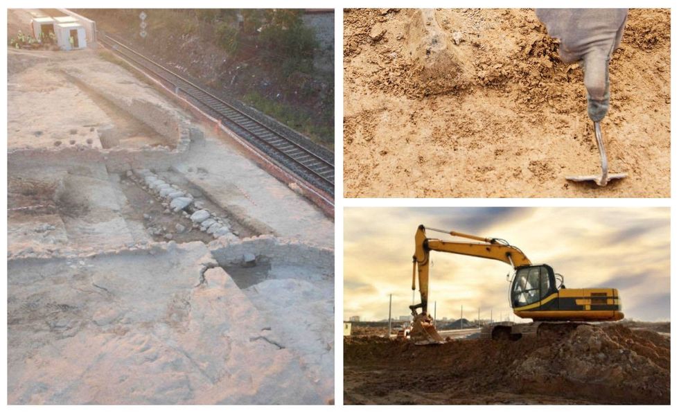 Un collage de tres imágenes de un sitio de construcción, una vía de tren y una excavadora.