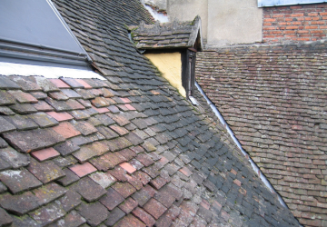 Le toit d'un bâtiment a beaucoup de tuiles