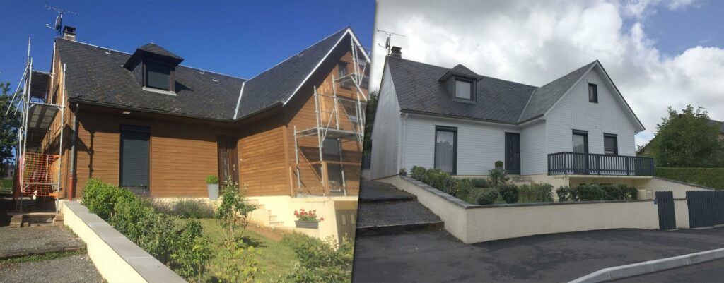 Une photo avant et après d'une maison avec un toit noir