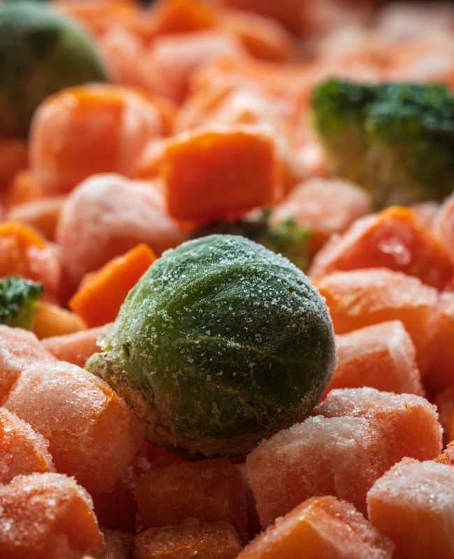 Un primer plano de una pila de zanahorias y brócoli congelados.