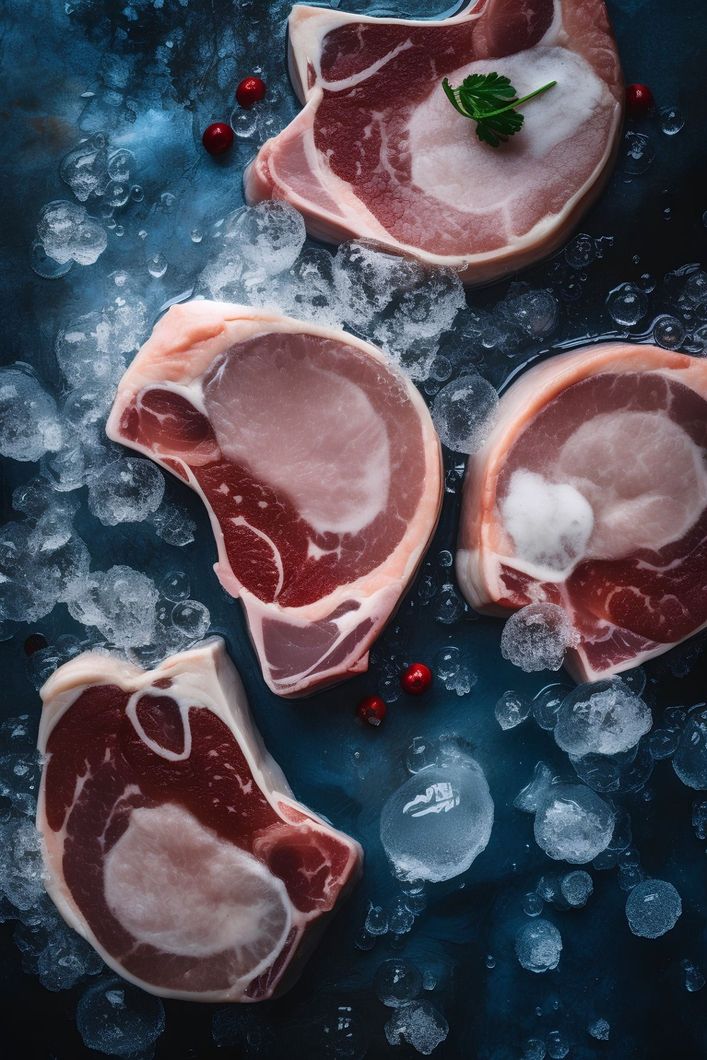 Las chuletas de cerdo crudas están sobre hielo en una mesa.