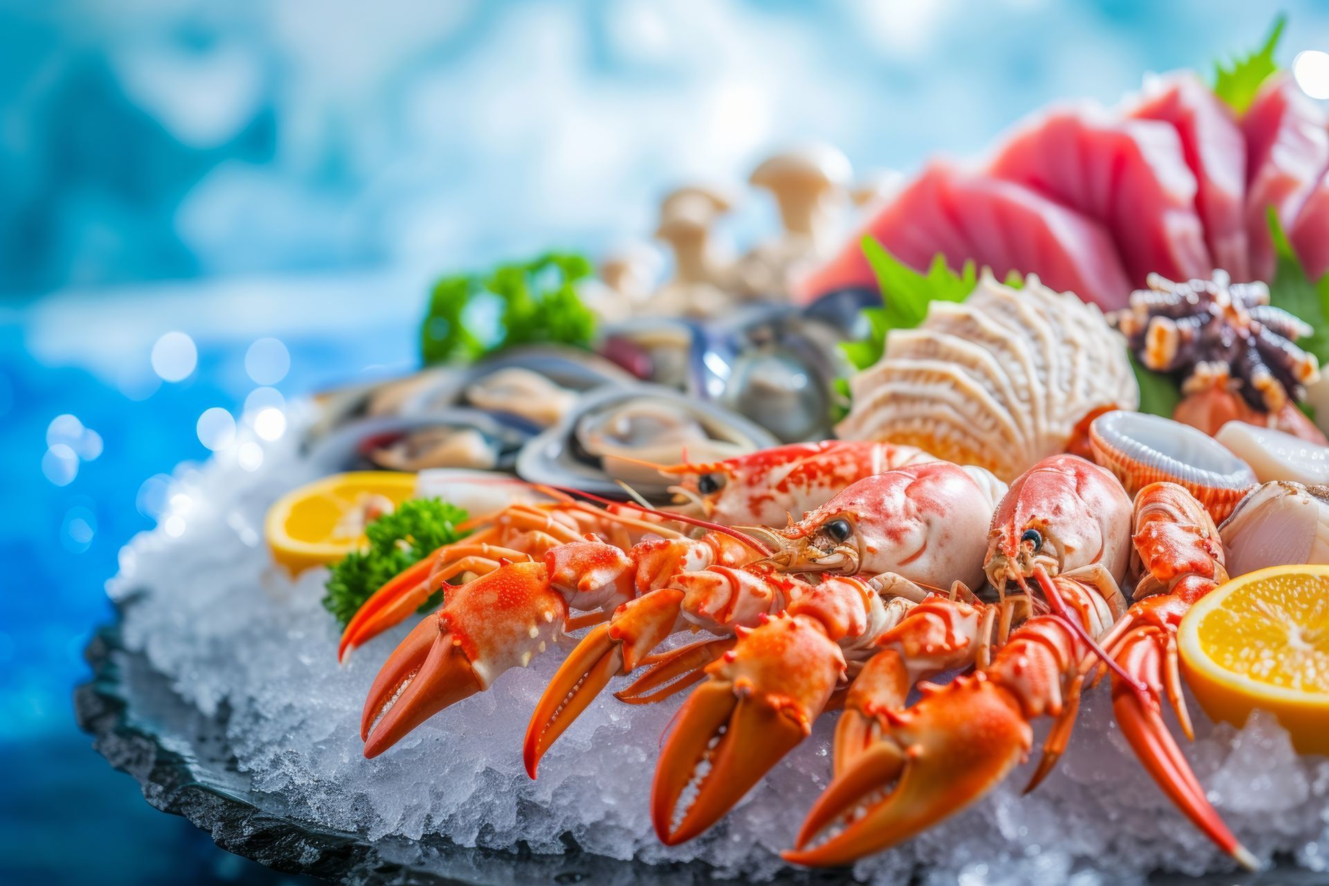 Un cangrejo está sentado encima de un plato de mariscos sobre hielo.