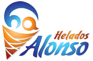Un logotipo para Helados Alonso con un cono encima.