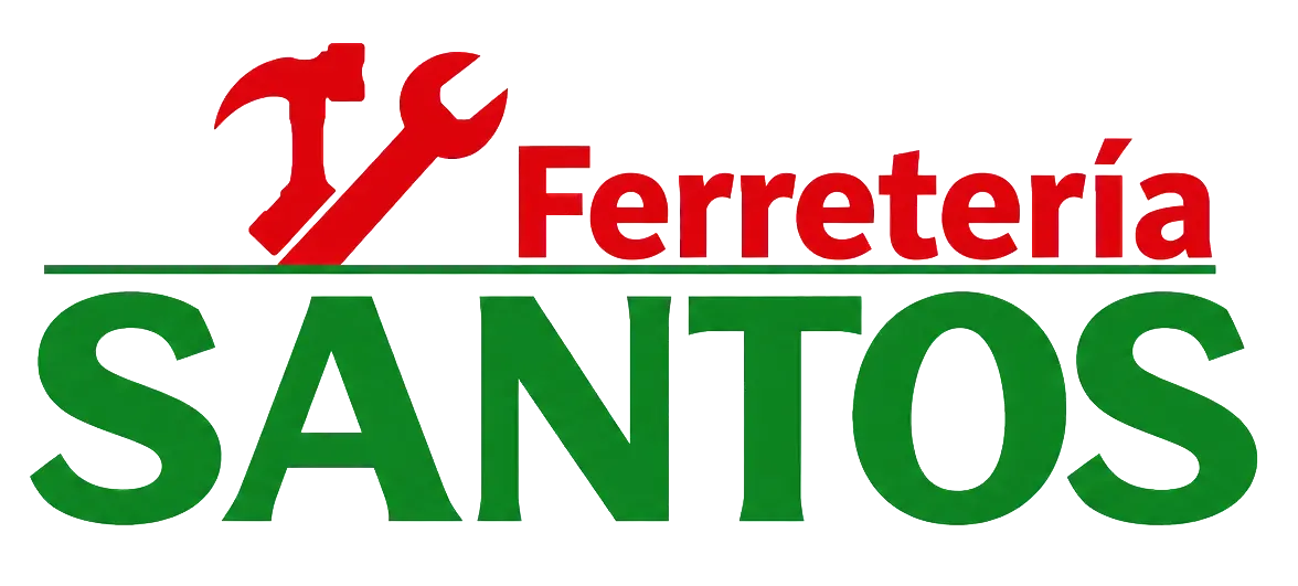Logotipo de Ferretería Santos con icono de llave inglesa roja y texto “SANTOS” verde sobre fondo blanco