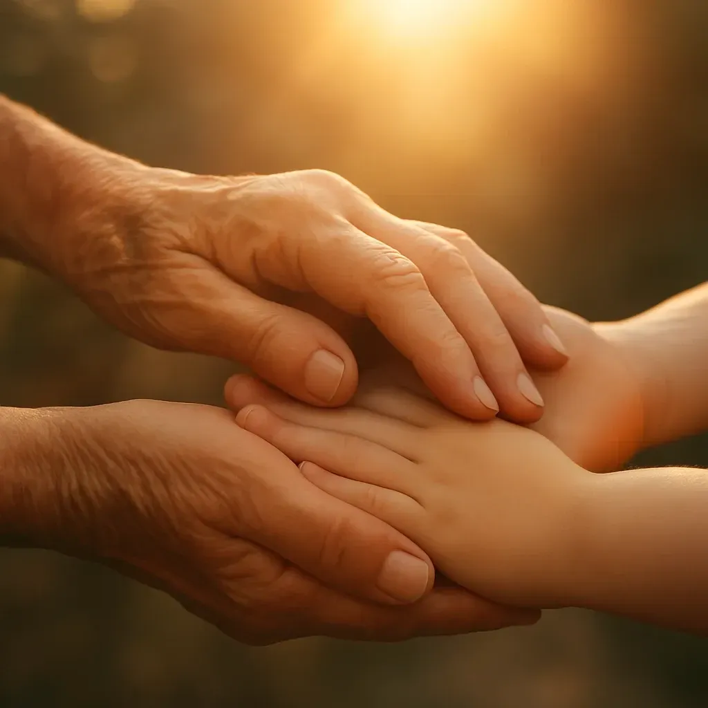 Manchmal begegnen sich in einem Trauergespräch nicht nur die Menschen, die jetzt trauern – sondern auch die Schatten früherer Verluste. Drei Hände unterschiedlicher Generationen liegen behutsam übereinander. Warmes, sanftes Licht fällt auf die Haut. Das Bild zeigt Nähe, Trost und die Verbindung zwischen Alt und Jung – ein stilles Symbol für Generationen, Trauer und Zuwendung.
