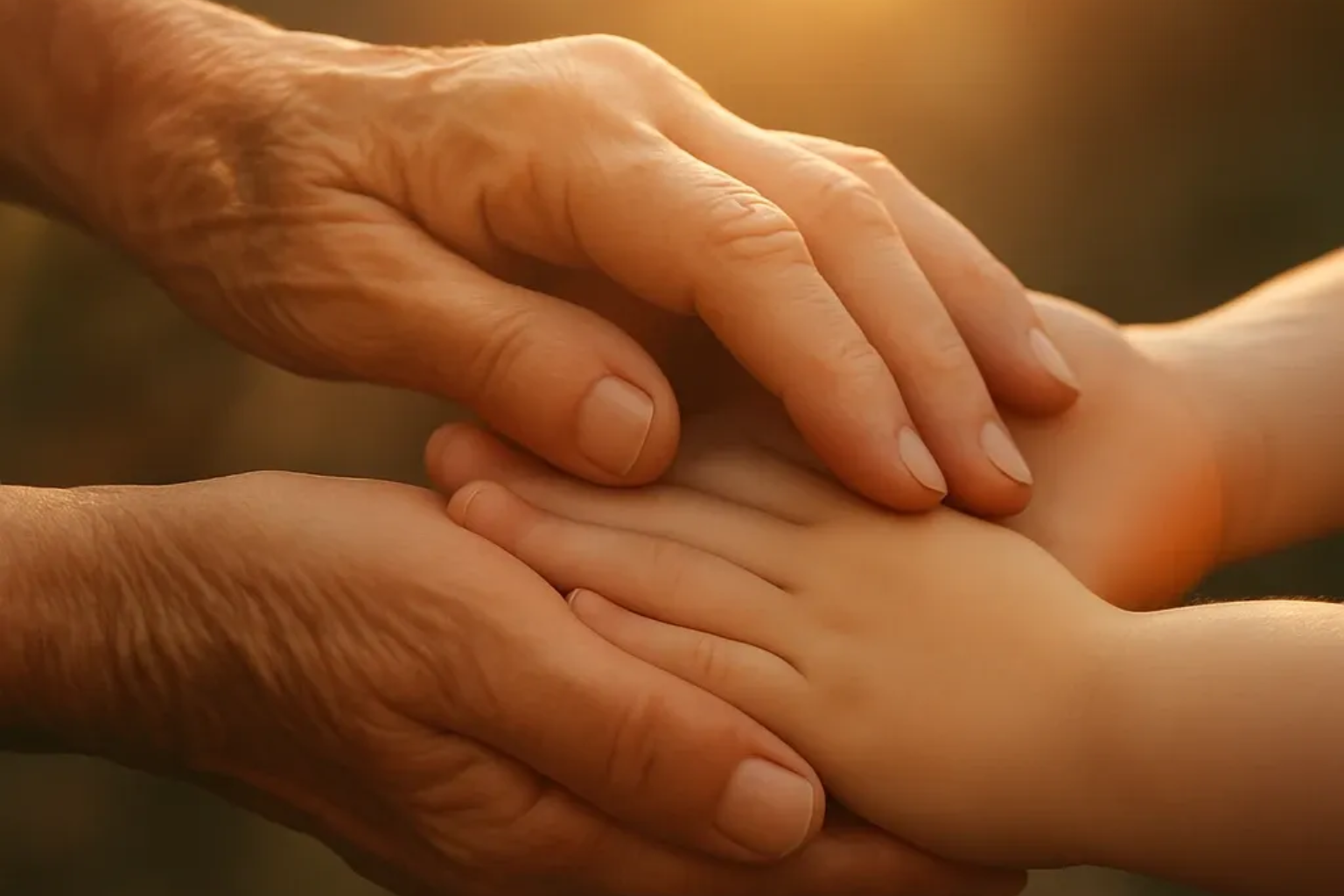 Die Hände einer älteren Person halten sanft die Hände eines Kindes, gebadet in warmem Sonnenlicht.