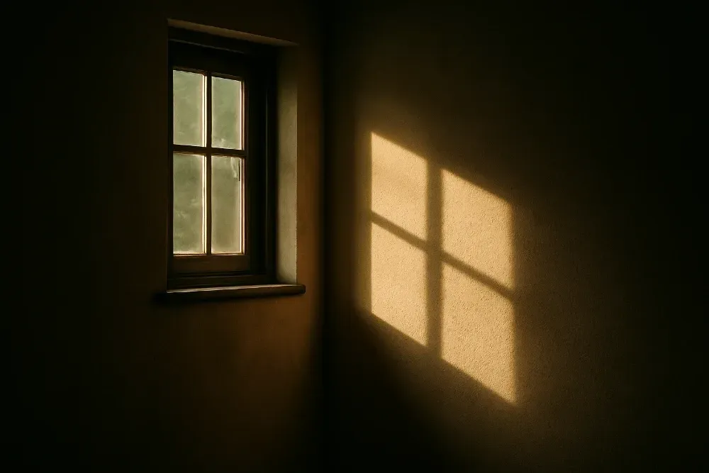 Dim room with a small window casting warm sunlight and shadow on the wall