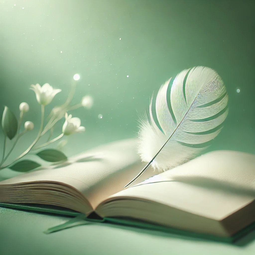 Offenes Buch mit einer weißen Feder darauf, neben weißen Blumen. Hellgrüner Hintergrund.