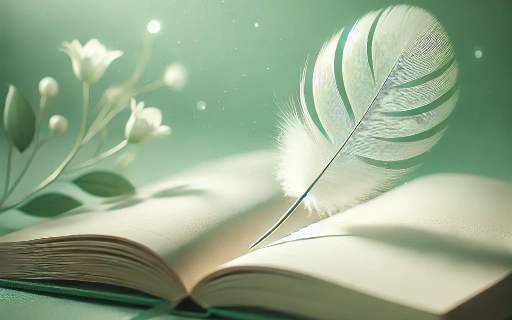 Offenes Buch mit einer weißen Feder, Blumen und leuchtenden Glitzerpartikeln auf grünem Hintergrund.