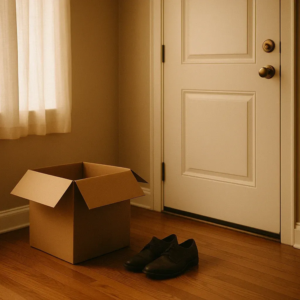 Offener Karton und Schuhe vor geschlossener Tür, stilles Sinnbild für Abschied, Verlust, Veränderung