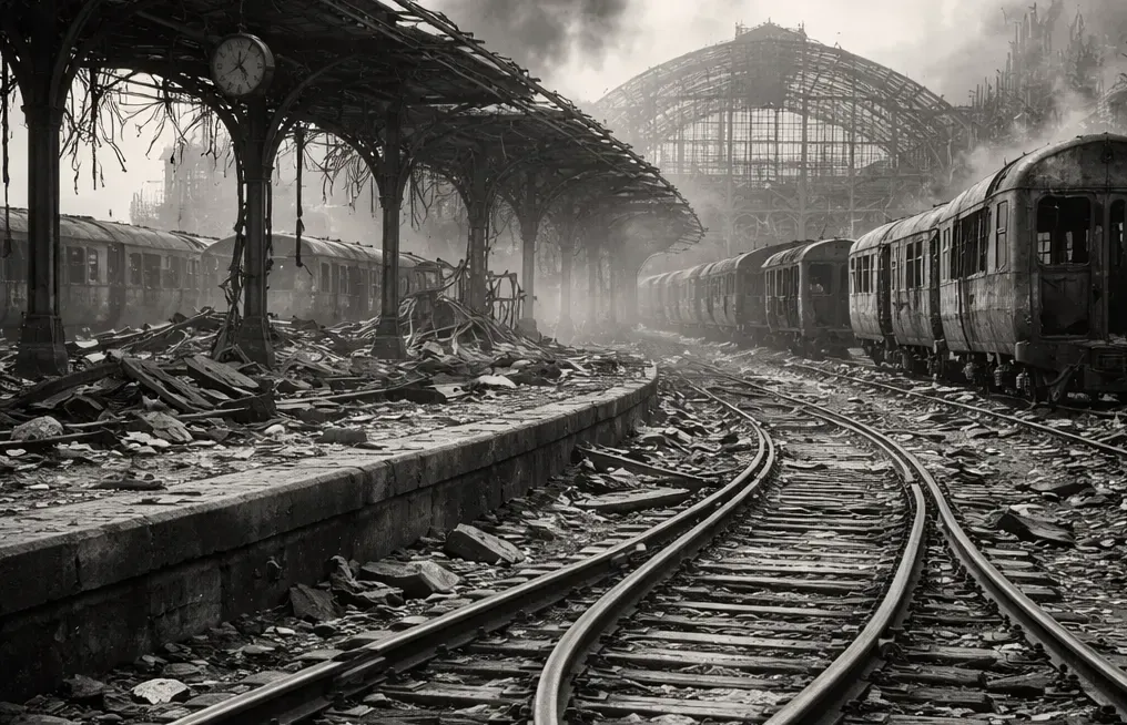 Ein zerbombter Bahnhof im Krieg 1945 s/w